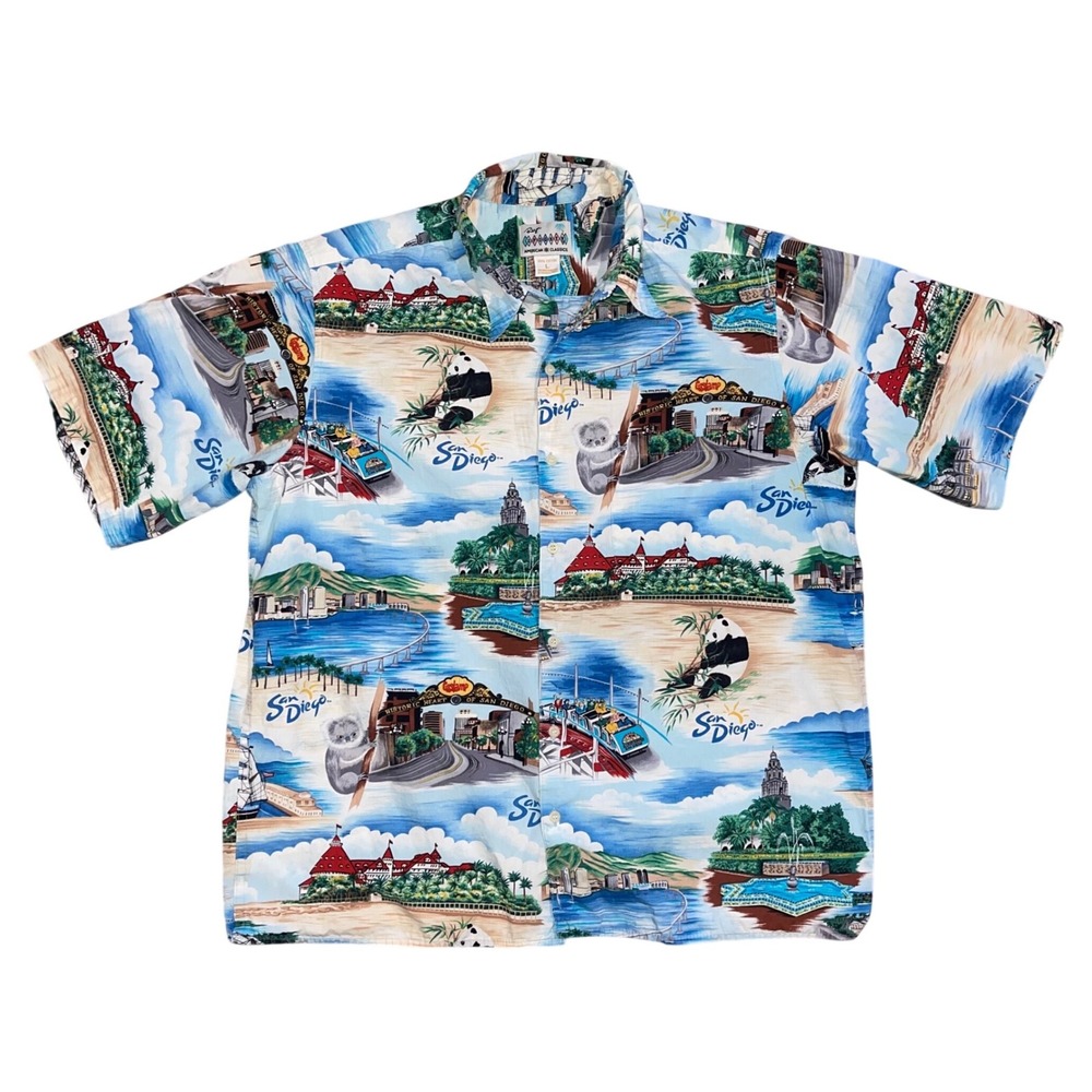 Reyn Spooner San Diego Souvenir Shirt Mens Large Blue Cotton Aloha Button Down